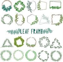 Set of watercolor painted Leaf Frame, Green leaves clipart. Hand drawn isolated on white background vector