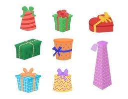 Gift boxes vector set. Collection of presents isolated. Giftbox in shape cylinder, cube, heart, high container. Flat cartoon style