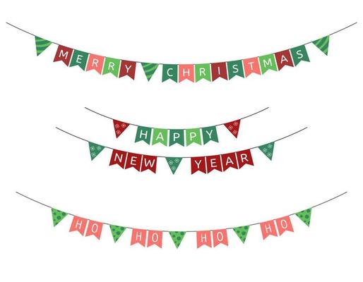 Christmas flags garlands. Vector set of New Year triangular holiday buntings. Text Merry Christmas, Happy New Year and Ho ho of Santa. Decorations collection