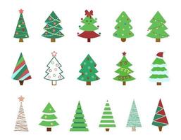 Conjunto de vectores de árboles de Navidad. dibujos animados decorados pinos y abetos elementos aislados. colección de símbolos tradicionales de año nuevo y navidad