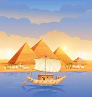 Pyramids of Egypt. Egyptian pyramids in the evening on the river. Pyramid of Cheops in Cairo, in Giza. A boat sailing past the pyramids. Vector illustration