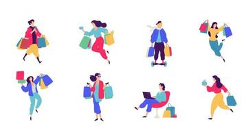 Cheerful shoppers characters illustration. vector
