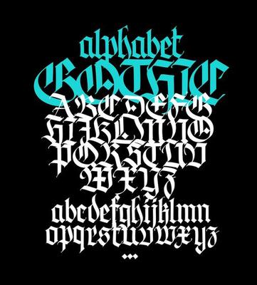 Complete Gothic alphabet. Uppercase and lowercase letters on a black background