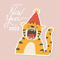 Handdrawn cute tiger in party hat sticker vector