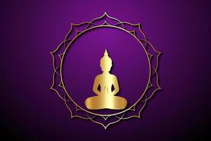 Gold Buddha silhouette in lotus position, Sacred lotus round logo template. Buddhism esoteric motifs, spiritual yoga. Golden Mandala Vector isolated on purple background