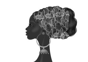 Peinado afro, hermoso retrato de mujer africana en turbante de tela con estampado de cera, concepto de diversidad. Reina negra, diadema étnica para trenzas afro y cabello rizado rizado. vector aislado sobre fondo blanco