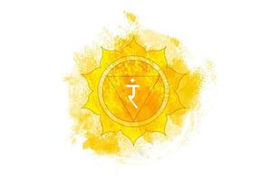 tercer chakra de manipura, plantilla de logotipo de chakra del plexo solar en estilo acuarela. mandala amarillo. Ilustración de vector de elemento de meditación espiritual aislado sobre fondo blanco