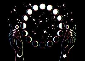 Fases de la luna mística y manos de mujer, símbolo de la diosa wicca pagana del espectro colorido, espacio mágico esotérico de la alquimia, ciclo lunar de la rueda sagrada, vector aislado sobre fondo negro