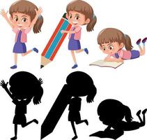 Set of a girl cartoon character in different positions with its silhouette vector