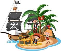 Pirate ship on island with many kids isolated on white background vector