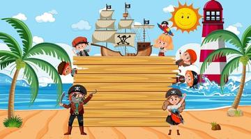 Empty wooden board with many pirate kids cartoon character at the beach vector