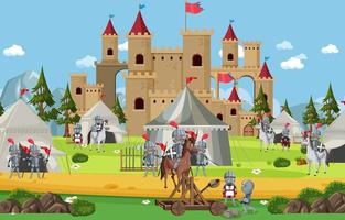 Military medieval camp with tents and soldiers vector