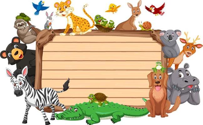 Empty wooden board with various wild animals