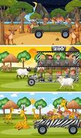 Set of different safari horizontal scenes with animals and kids cartoon character vector