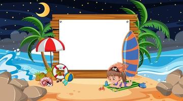 Niños de vacaciones en la escena nocturna de la playa con una plantilla de banner vacía vector