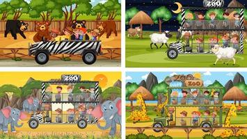 Set of different safari scenes with animals and kids cartoon character vector