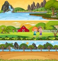 paisaje de naturaleza diferente en la escena diurna con personaje de dibujos animados vector