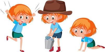 personaje de dibujos animados de una niña haciendo diferentes actividades vector