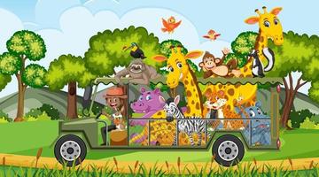 Safari scene at daytime with wild animals on the tourist car vector