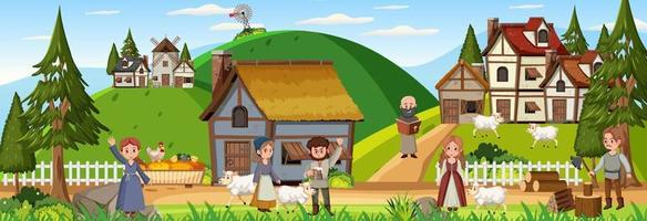 Medieval town scene with villagers vector