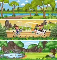 Different nature landscape at daytime scene with cartoon character vector