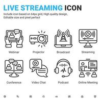 Vector live streaming icons vector with outline color style isolated on white background. Stream broadcast, online meeting zoom, internet conference, podcast, chat recording a webinar sign symbol icon