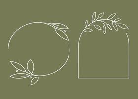 Collection of vector hand drawn logo design elements, geometric floral frames, borders, wreaths, detailed decorative illustrations. Trendy Line drawing, lineart style. Vector illustration