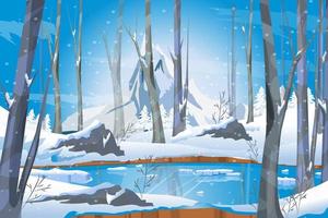 Winter landscape with lake in forest white snow and trees vector