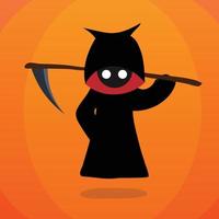Halloween illustration of a mascot with cartoon fangs on his shoulder wielding a scythe. vector