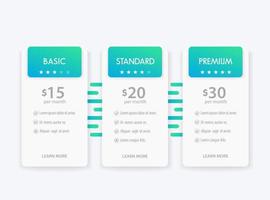 Banner for tariffs, set of vector pricing table and boxes