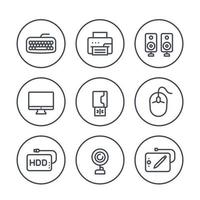 Iconos de línea de periféricos de computadora en blanco vector