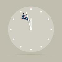 Business deadline vector concept with businessman hanging on clock face, Symbol of time management, stress