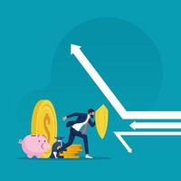Investor or businessman riding piggy bank catching flying dollar coins money, Financial and investment concept vector