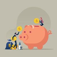 Business team putting coins into piggy bank, saving money and profit  concept vector