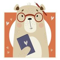 Lindo oso científico con gafas y un libro sobre un fondo brillante decorativo vector