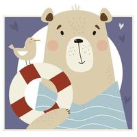 Portrait of a cute sailor bear in a striped vest with a seagull on a decorative bright background vector