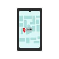 Delivery tracker on phone, city map with courier position mark, delivery time in a footnote, delivery tracking mobile application vector