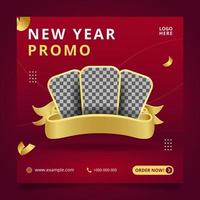 folleto de promoción de año nuevo rojo y dorado o banner de redes sociales vector