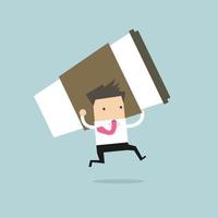 Businessman running with big cup of coffee. Coffee break. vector