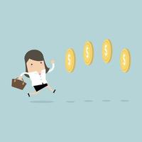 Businesswoman chasing coins video game style. vector