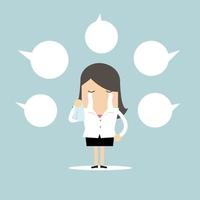 Businesswoman crying about negative comment with balloon text. vector