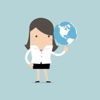 Businesswoman spinning globe. vector