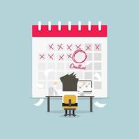 hombre de negocios en el trabajo duro con fecha límite de marca de calendario. un montón de trabajo. estrés en el trabajo. vector