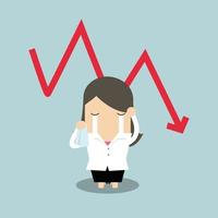 Triste empresaria llorando con la caída de la flecha roja gráfico crisis financiera vector