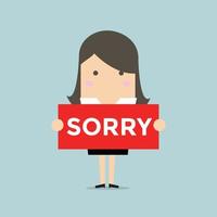 Businesswoman hands holding sorry sign. vector