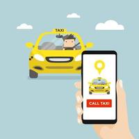 Hand Holding Smartphone and Call taxi by phone. Booking Taxi Via Mobile App. vector