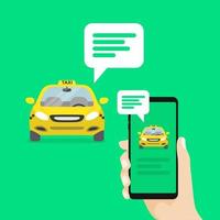 Hand holding smartphone with message notifications and approaching cab. vector