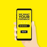 We want your Feedback, Hand want to give five star rating on smartphone. vector