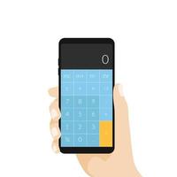 Hand holding phone with calculator app. vector