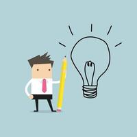 Businessman use pencil to draw a light bulb. vector